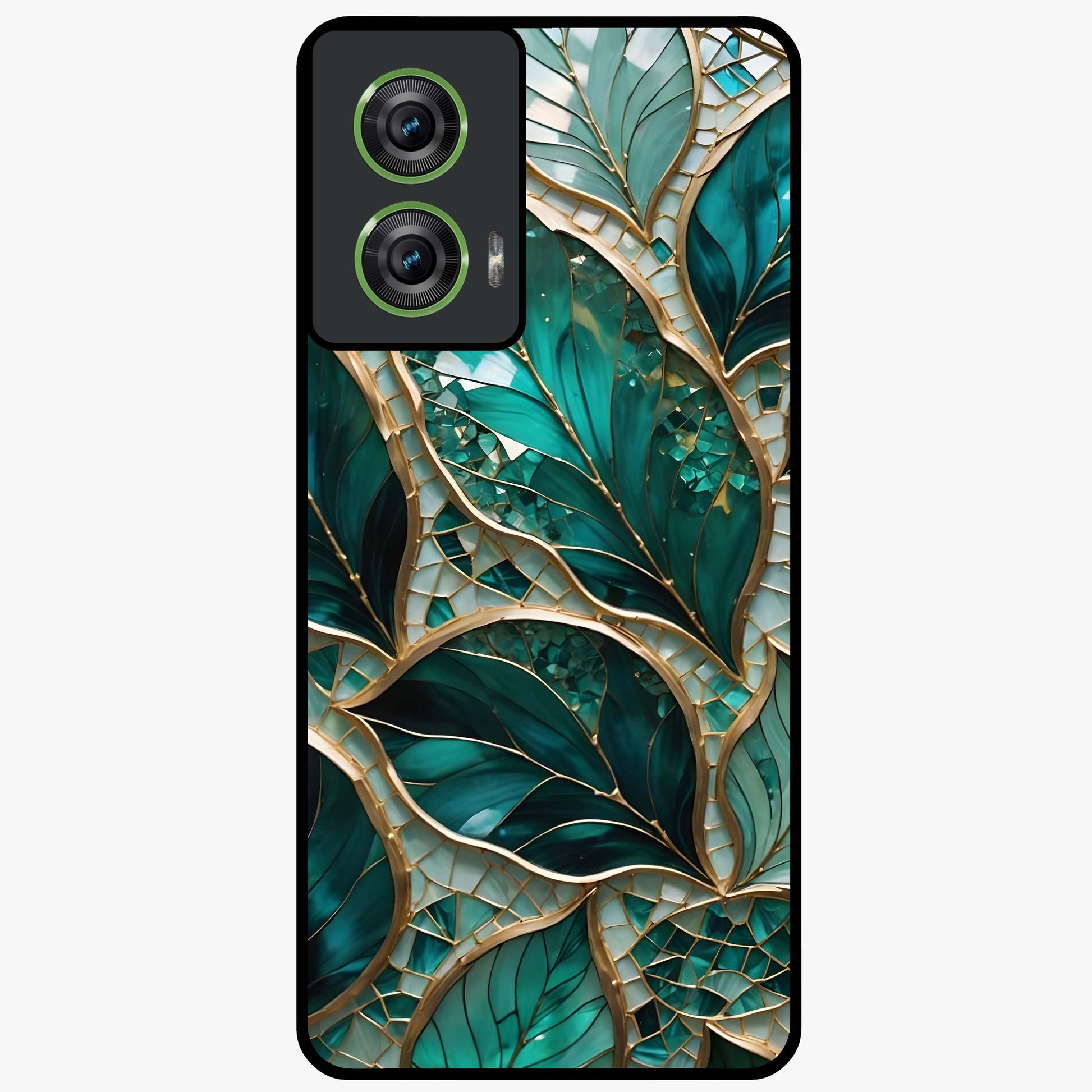 Emerald Leaf Glass Glass Case showing flat back view with emerald green leaf artwork and glossy glass finish.