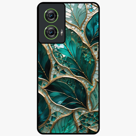 Emerald Leaf Glass Glass Case showing flat back view with emerald green leaf artwork and glossy glass finish.