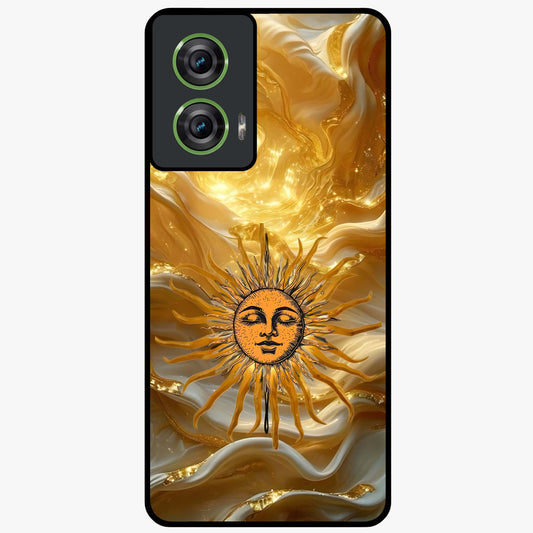 Eternal Golden Glow Glass Case showing flat back view with radiant golden themed artwork and glossy glass finish.