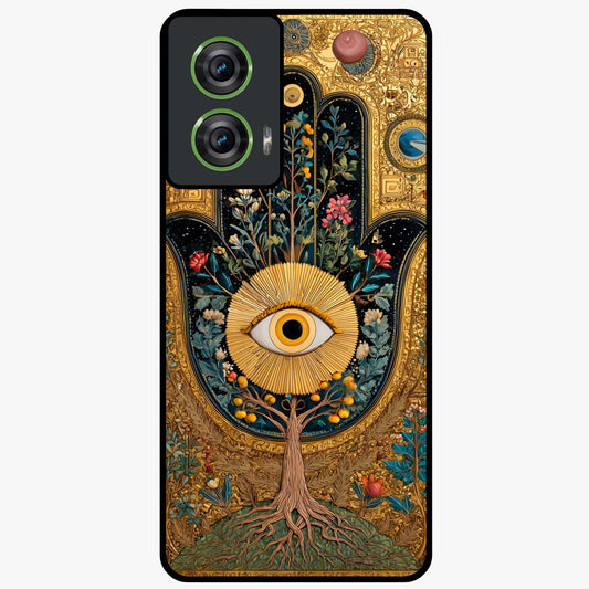 Ethereal Evil Eye Glass Case showing flat back view with mystical evil eye artwork and glossy glass finish.