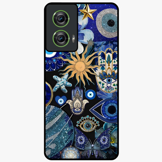 Evil Eye Charm Mix Glass Case showing flat back view with multiple evil eye charms artwork and glossy glass finish.