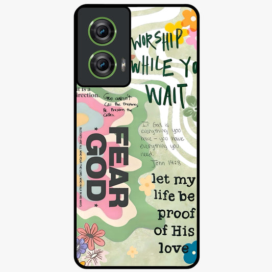 Faith Over Fear Glass Case showing flat back view with motivational typography artwork and glossy glass finish.