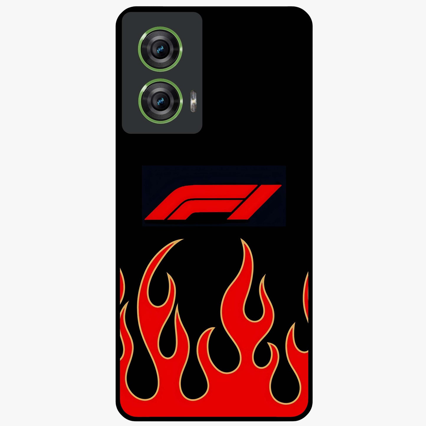 Fire F11 Glass Case showing flat back view with fiery themed artwork and glossy glass finish.