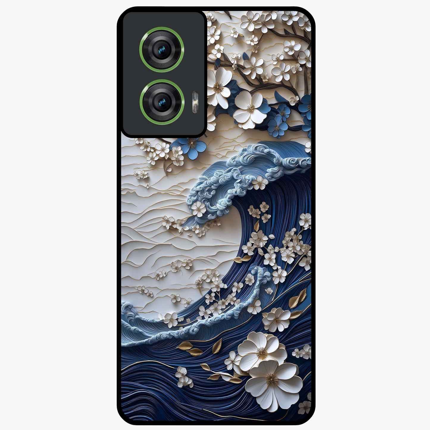Floral Wave Origami Glass Case showing flat back view with origami inspired floral wave artwork and glossy glass finish.