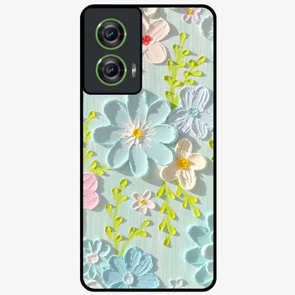 Frosted Petal Garden Glass Case showing flat back view with soft frosted floral artwork and glossy glass finish.