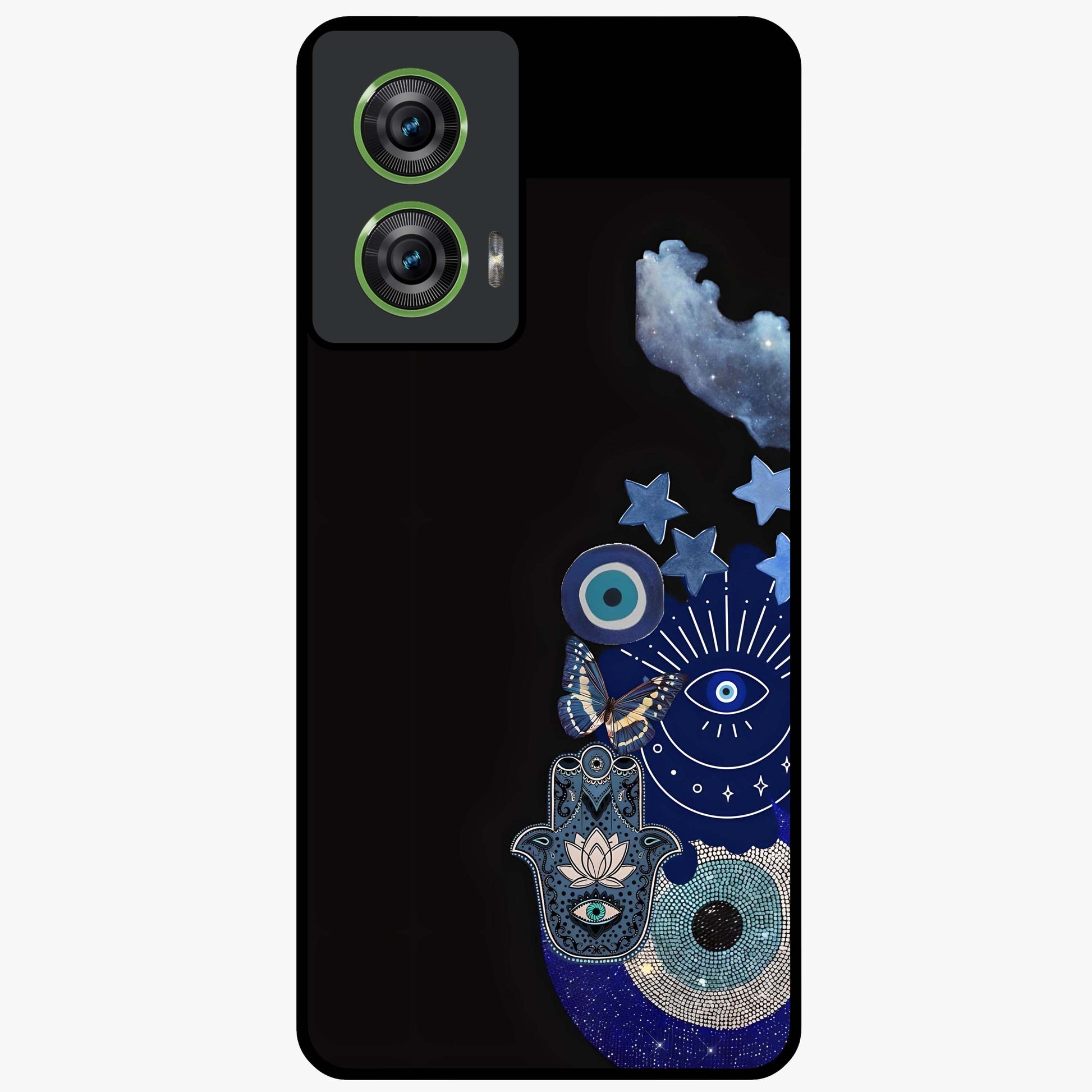 Galactic Charm Cluster Glass Case showing flat back view with glowing celestial charm artwork and glossy glass finish.