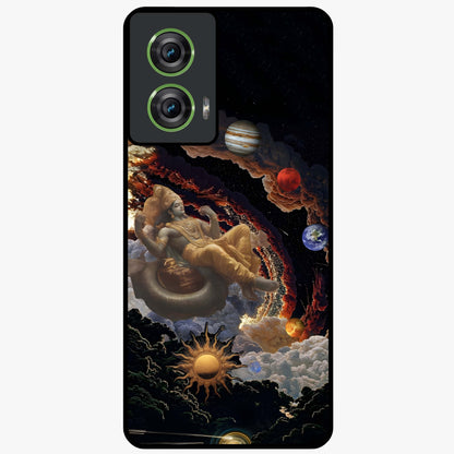 Galactic Divine God Glass Case showing flat back view with divine cosmic themed artwork and glossy glass finish.