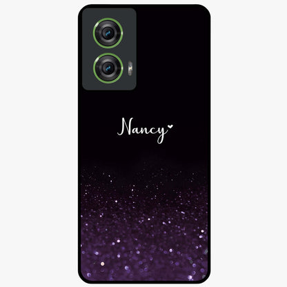 Glittery Purple Bokeh Custom Name Glass Case showing flat back view with purple bokeh sparkle artwork and personalized name design.