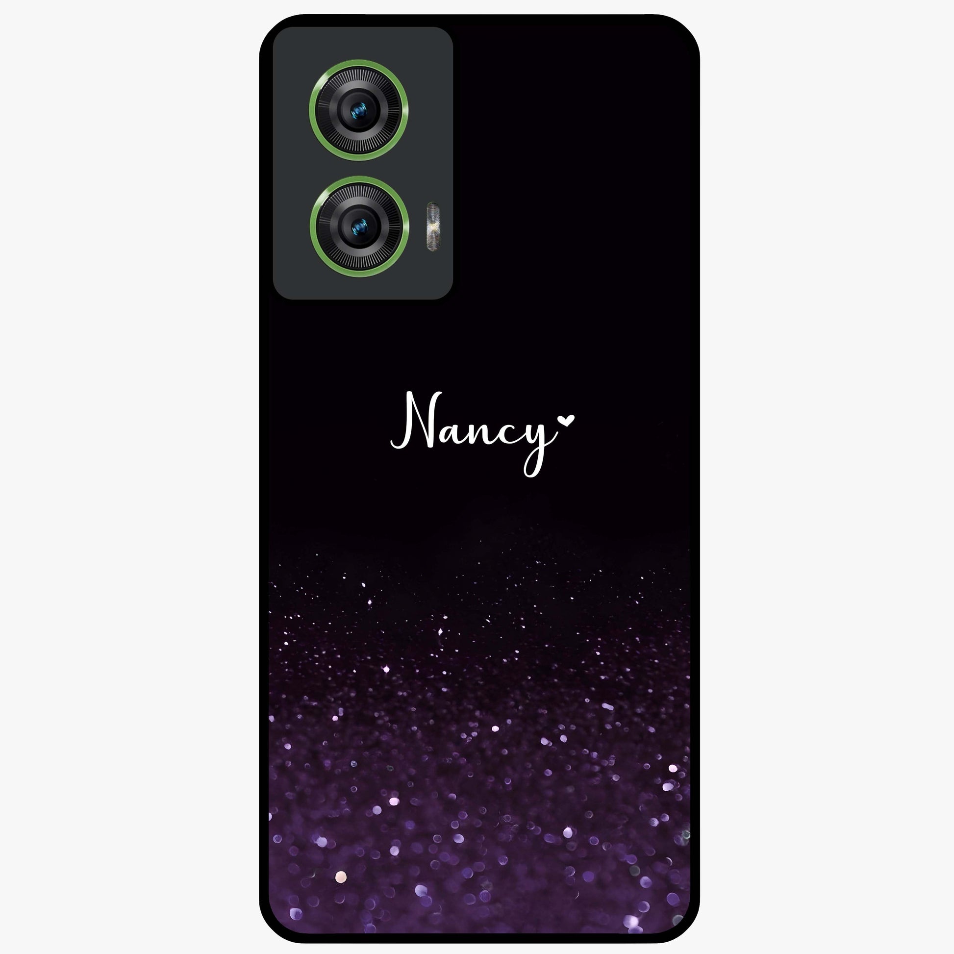 Glittery Purple Bokeh Custom Name Glass Case showing flat back view with purple bokeh sparkle artwork and personalized name design.