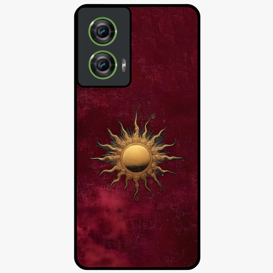 Gold Sun Blush Glass Case showing flat back view with golden sun inspired artwork and glossy glass finish.