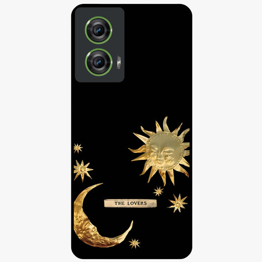 Golden Celestial Charm Glass Case showing flat back view with golden celestial charm artwork and glossy glass finish.