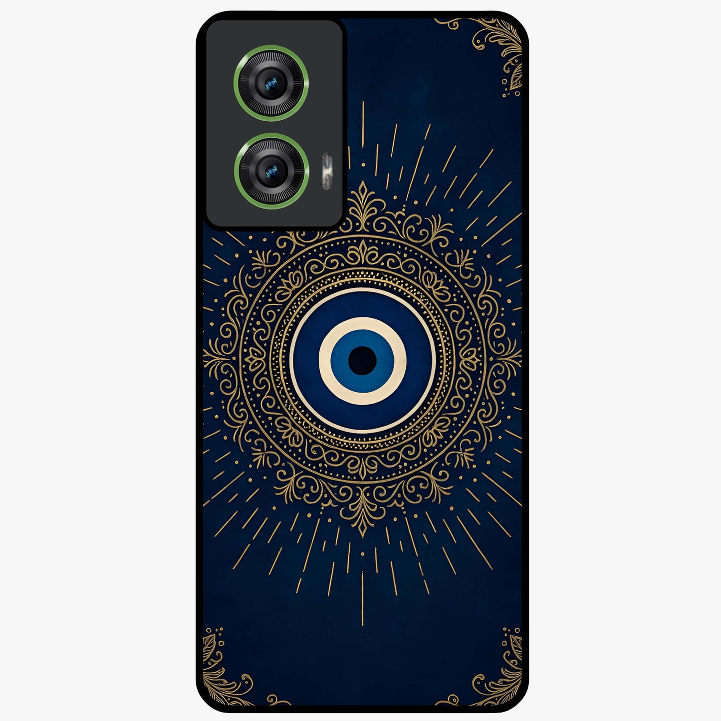 Golden Evil Eye Mandala Glass Case showing flat back view with intricate evil eye mandala artwork and glossy glass finish.