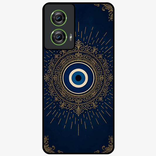 Golden Evil Eye Mandala Glass Case showing flat back view with intricate evil eye mandala artwork and glossy glass finish.