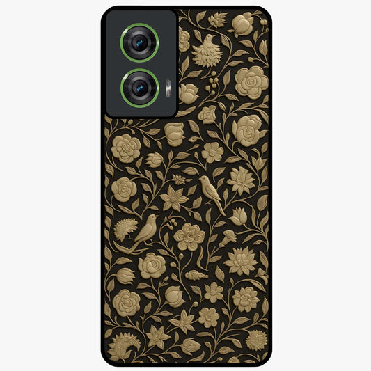 Golden Floral Majesty Glass Case showing flat back view with luxurious golden floral artwork and glossy glass finish.