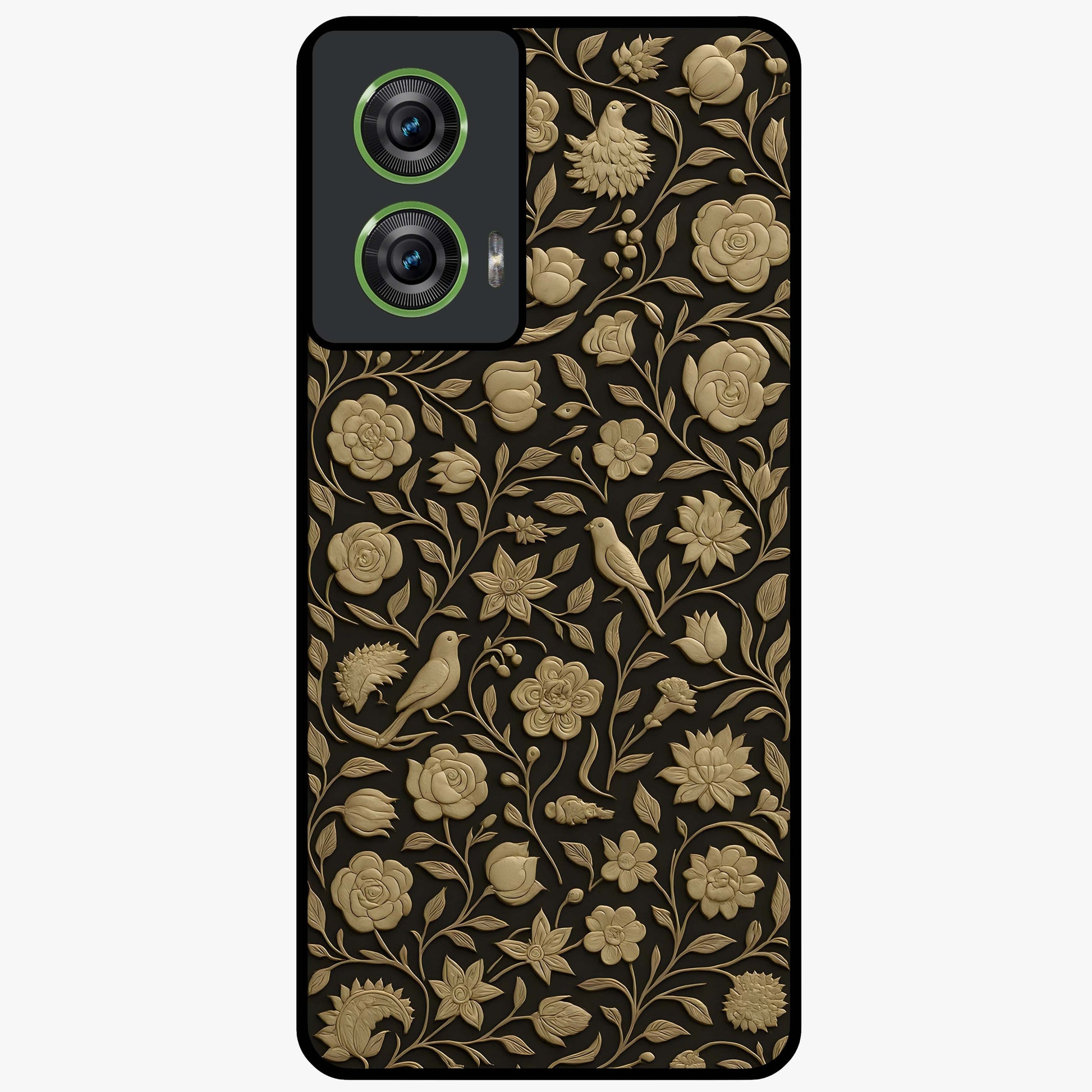 Golden Floral Majesty Glass Case showing flat back view with luxurious golden floral artwork and glossy glass finish.