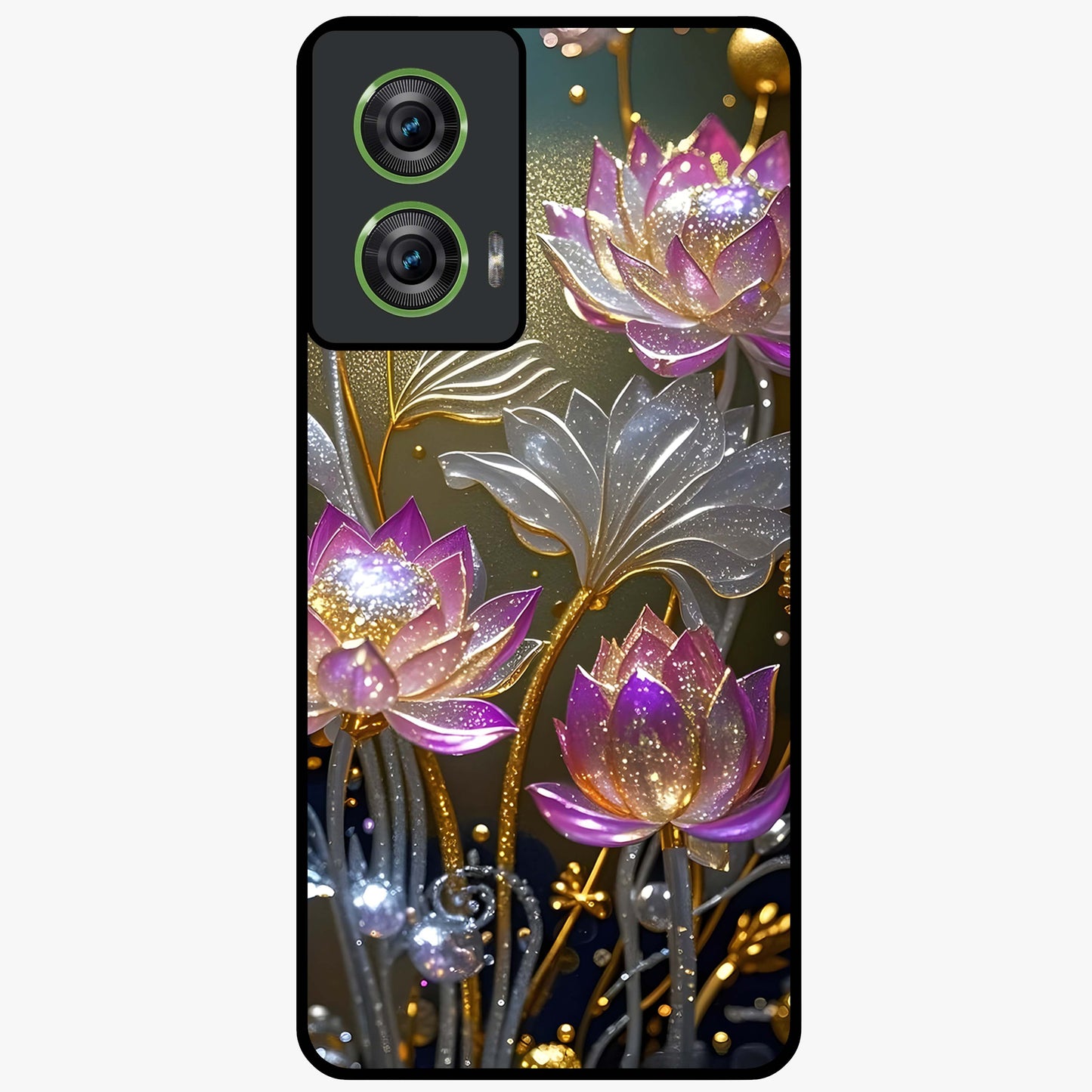 Golden Lotus Glow Glass Case showing flat back view with glowing lotus flower artwork and glossy glass finish.
