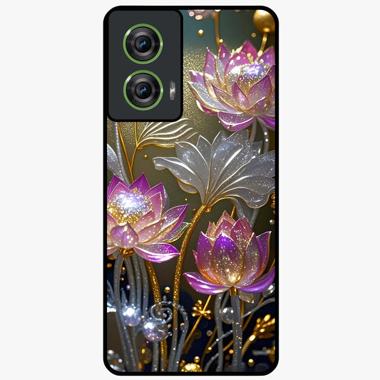 Golden Lotus Glow Glass Case showing flat back view with glowing lotus flower artwork and glossy glass finish.