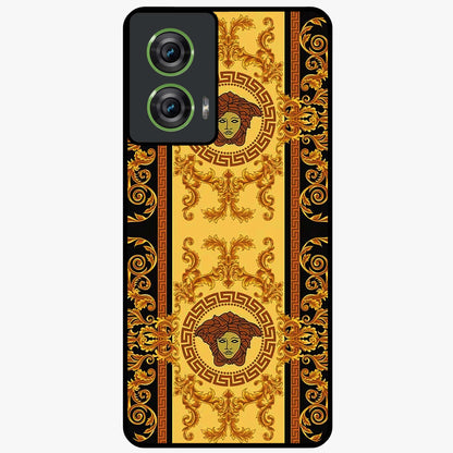 Golden Royal Heritage Glass Case showing flat back view with ornate royal pattern artwork and glossy glass finish.