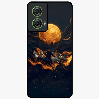 Golden Stallion Moonride Glass Case showing flat back view with majestic horse under moonlight artwork and glossy glass finish.