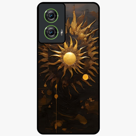 Golden Sun Majesty Glass Case showing flat back view with radiant golden sun artwork and glossy glass finish.