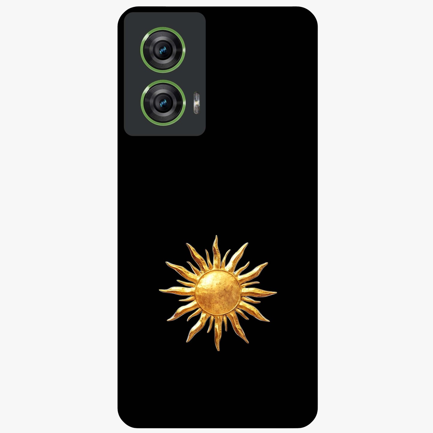 Golden Sun Minimalism Glass Case showing flat back view with minimal golden sun artwork and glossy glass finish.