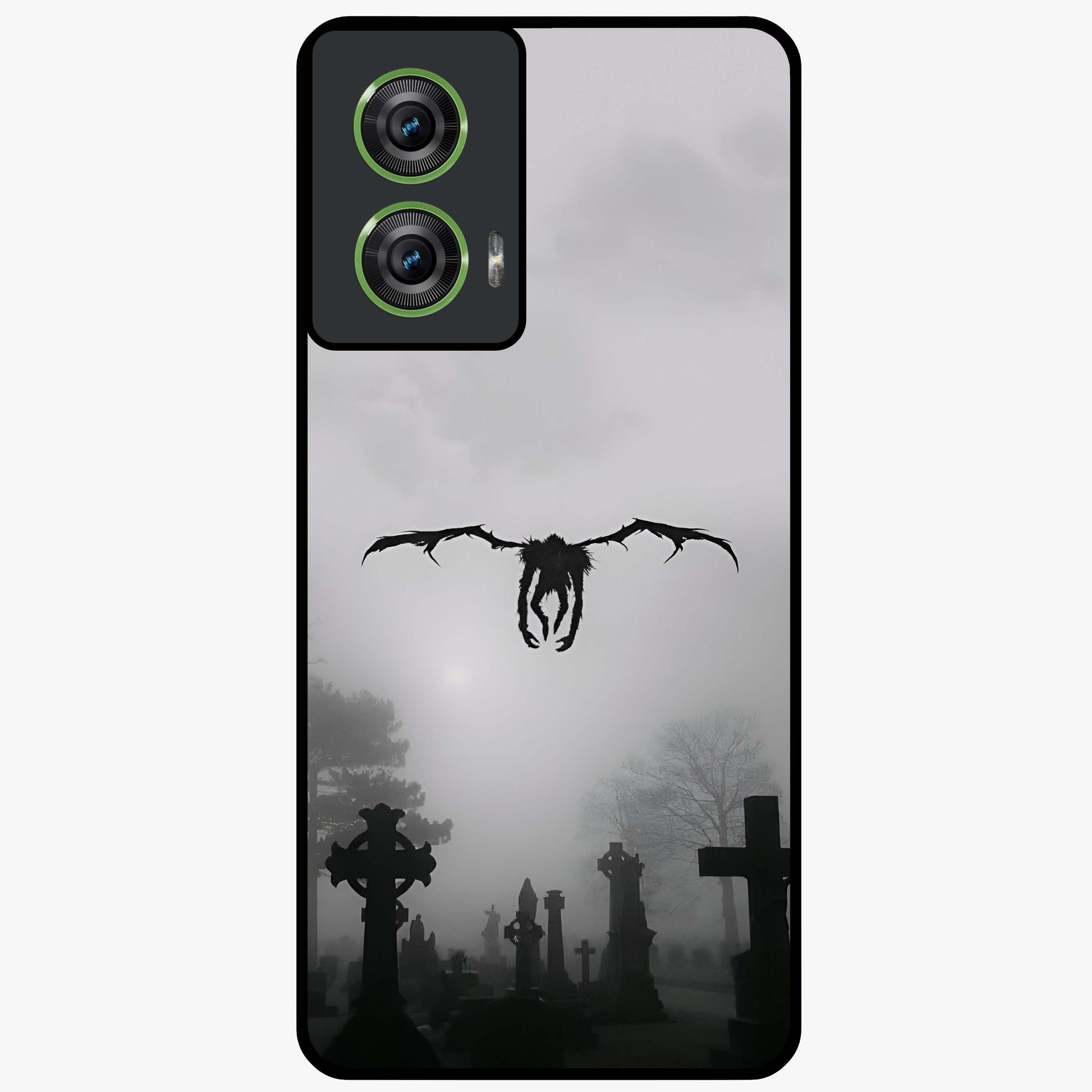Graveyard Shadow Descent Glass Case showing flat back view with dark graveyard themed artwork and glossy glass finish.