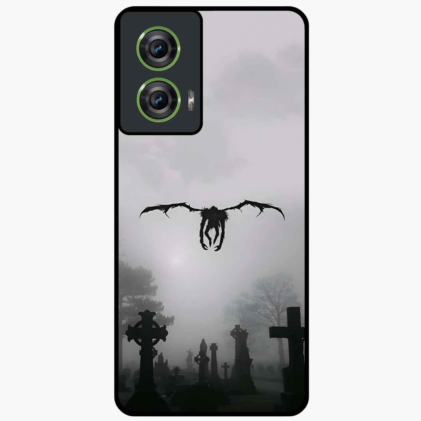 Graveyard Shadow Descent Glass Case showing flat back view with dark graveyard themed artwork and glossy glass finish.