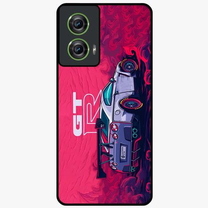 GT-R Car Pattern Glass Case showing flat back view with sporty car inspired pattern artwork and glossy glass finish.