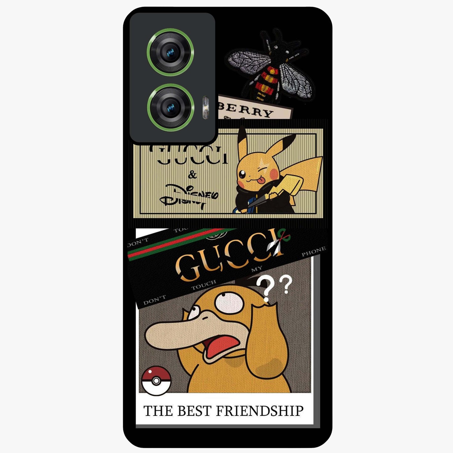 Gucci Play Mashup Glass Case showing flat back view with luxury inspired graphic artwork and glossy glass finish.