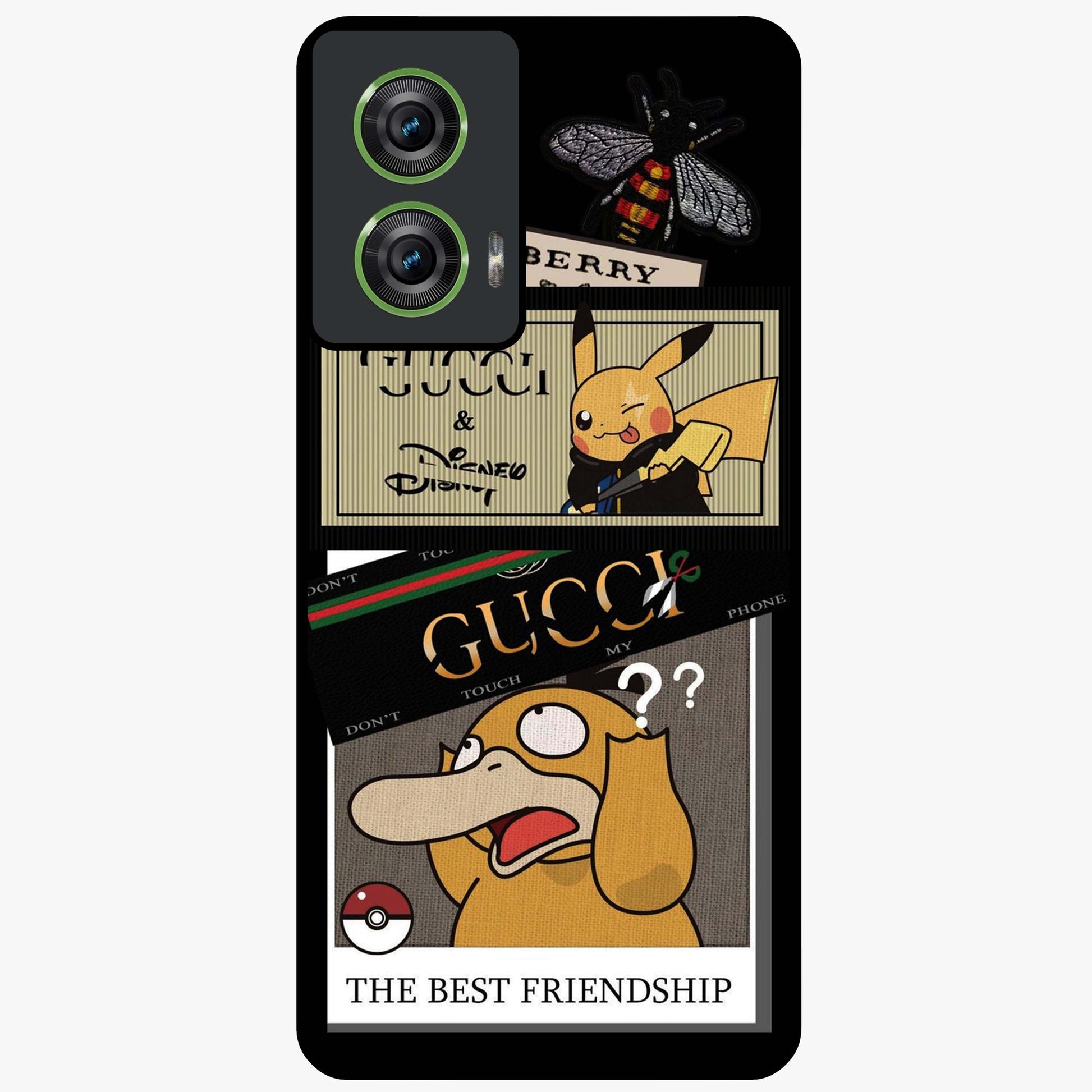 Gucci Play Mashup Glass Case showing flat back view with luxury inspired graphic artwork and glossy glass finish.