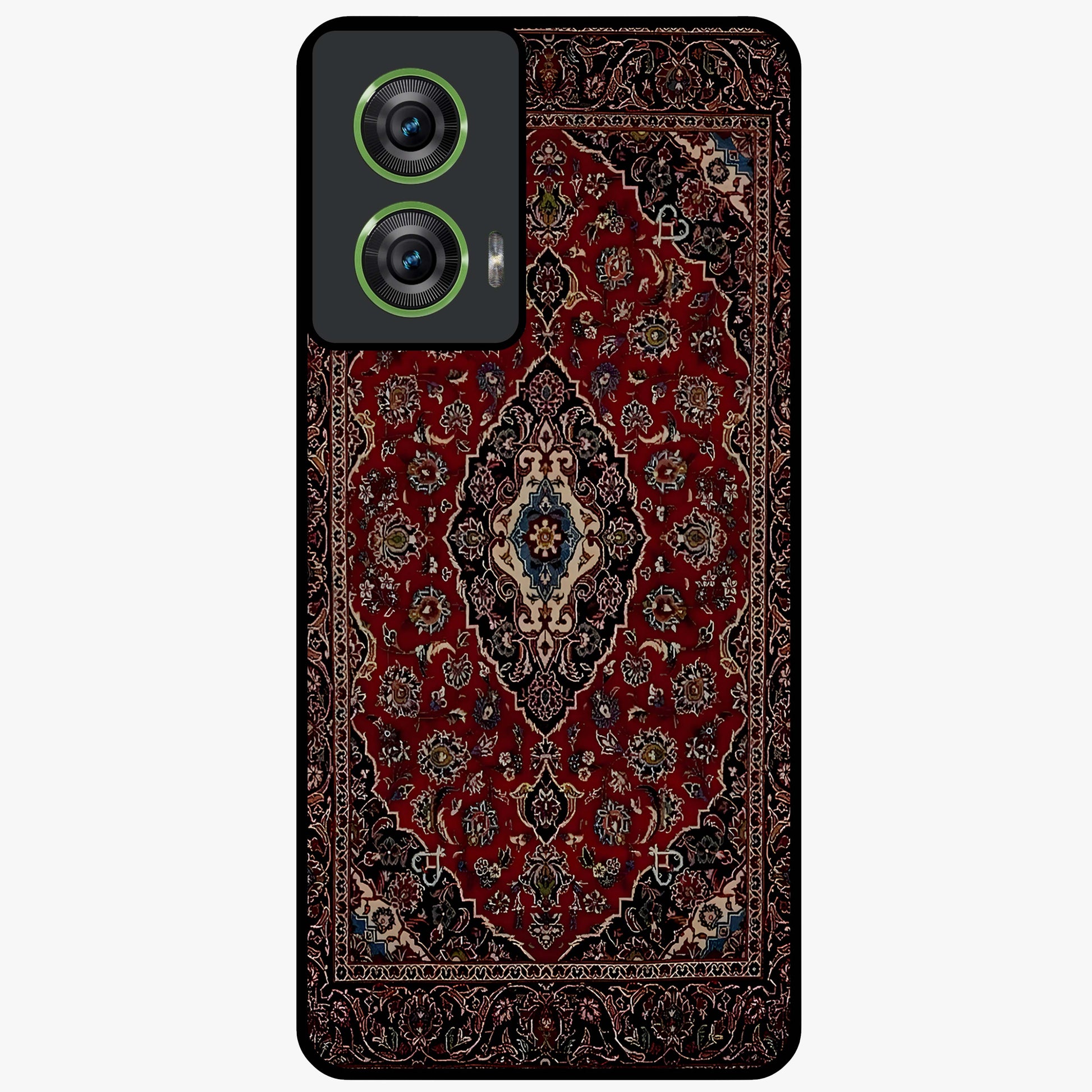 Heritage Carpet Royale Glass Case showing flat back view with ornate Persian carpet inspired pattern and glossy glass finish.