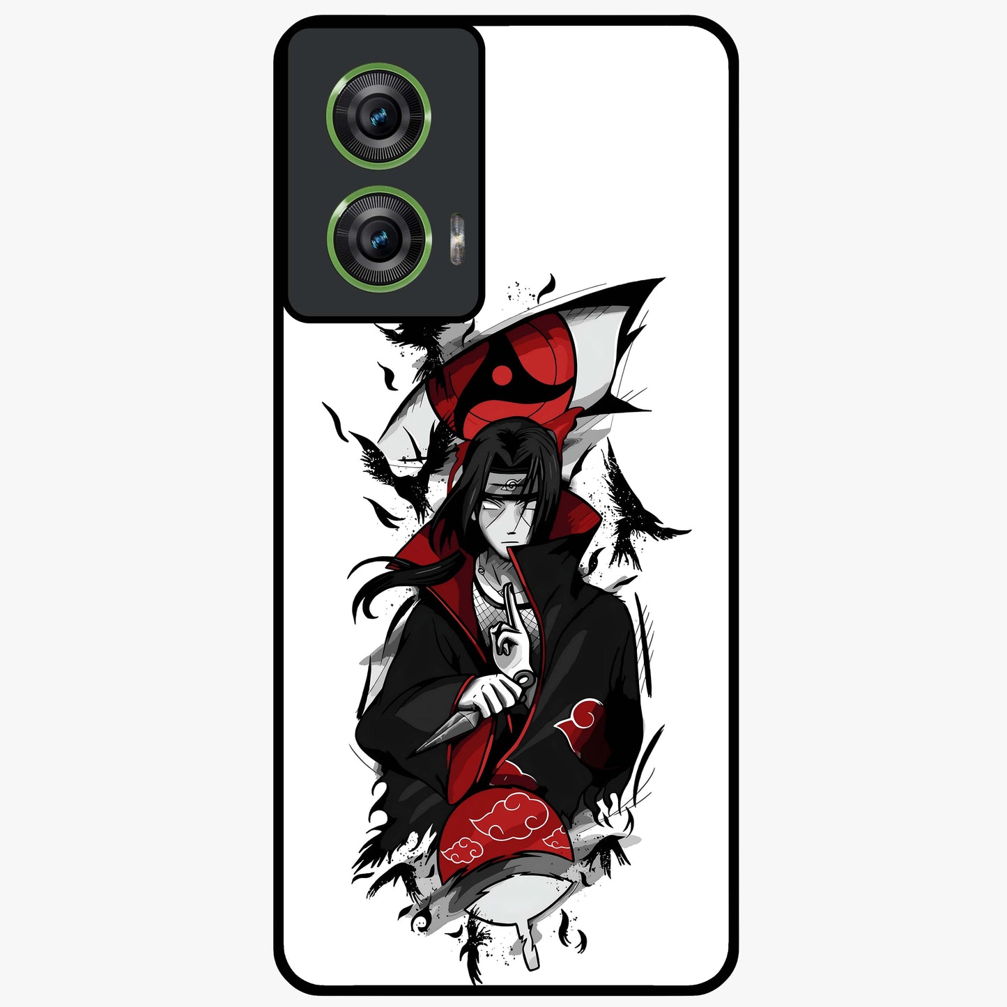 Itachi Sharingan Glass Case showing flat back view with powerful anime eye artwork and glossy glass finish.