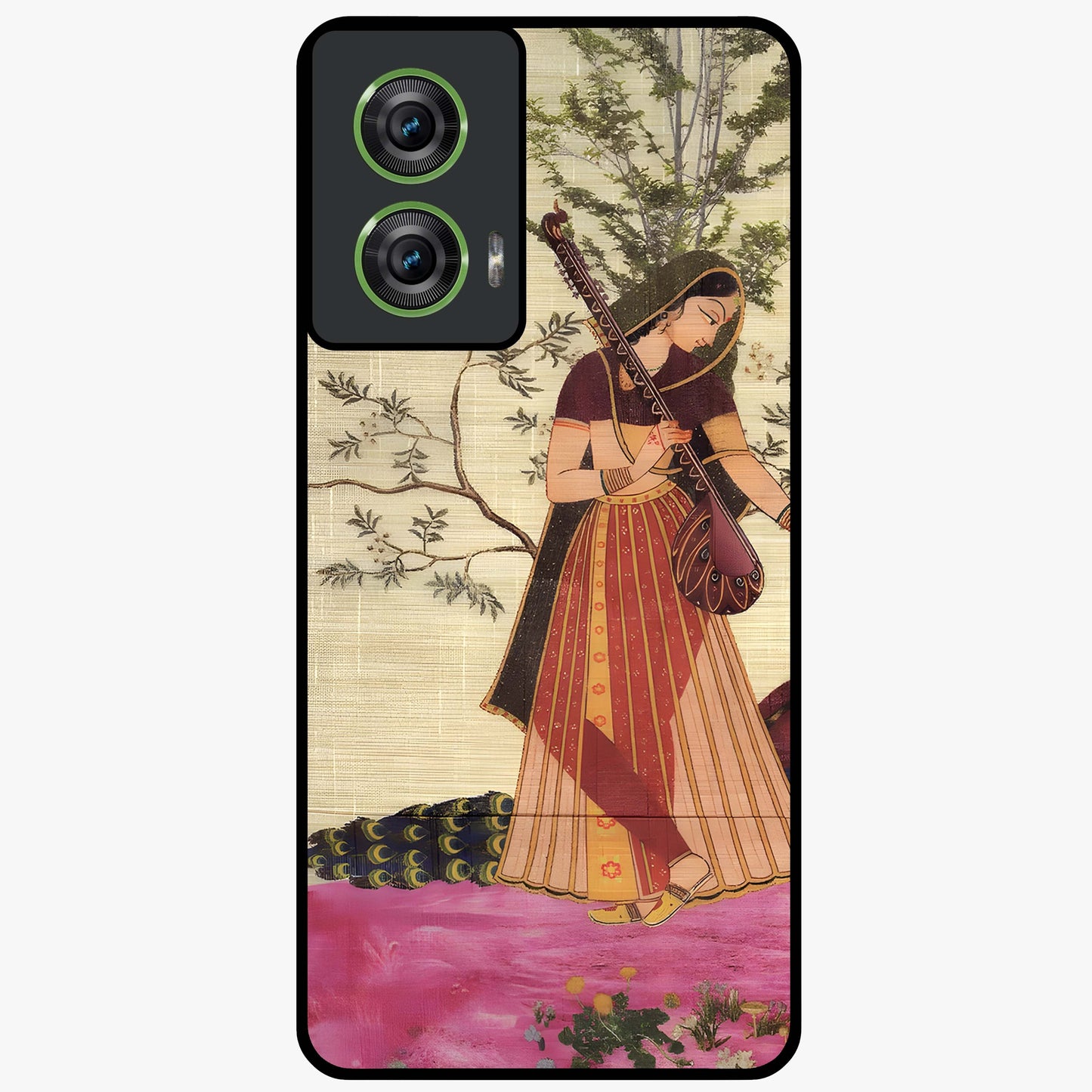 Lady With Veena Art Glass Case showing flat back view with elegant woman playing veena artwork and glossy glass finish.