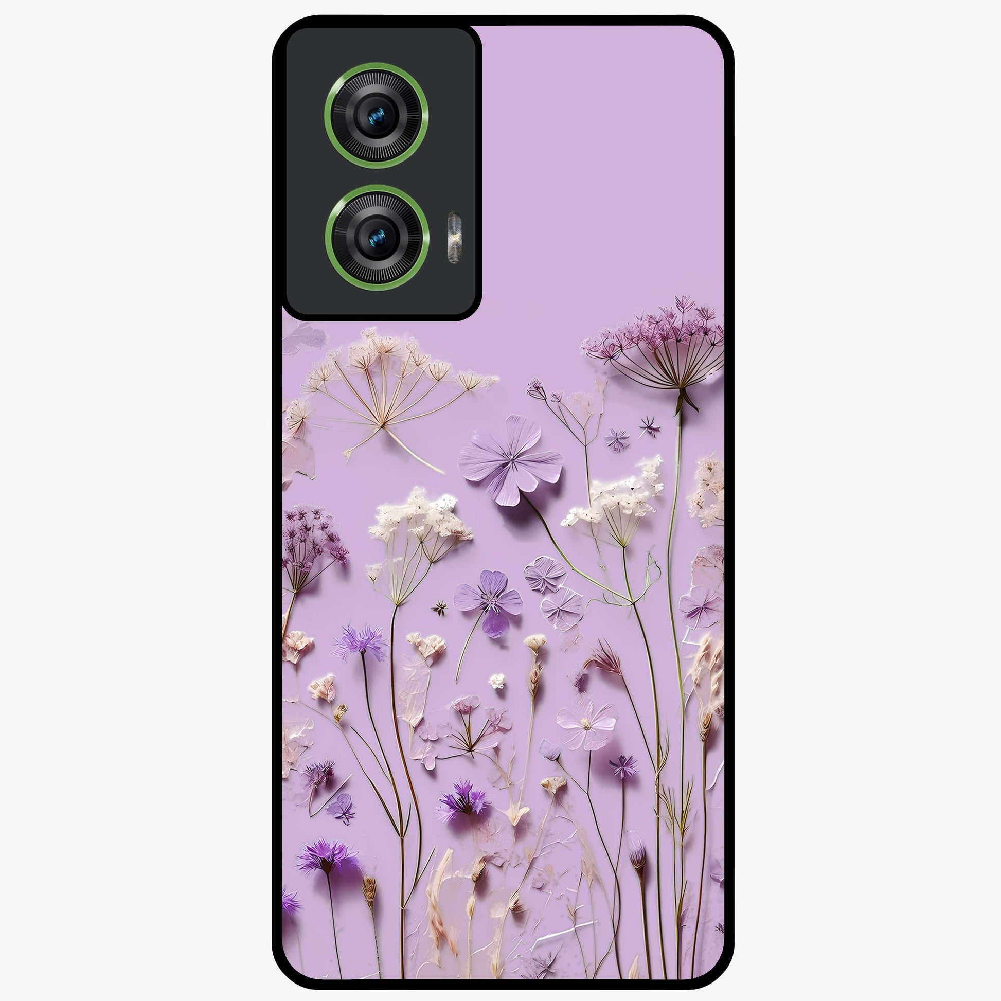Lavender Blossom Dream Glass Case showing flat back view with soft lavender floral artwork and glossy glass finish.