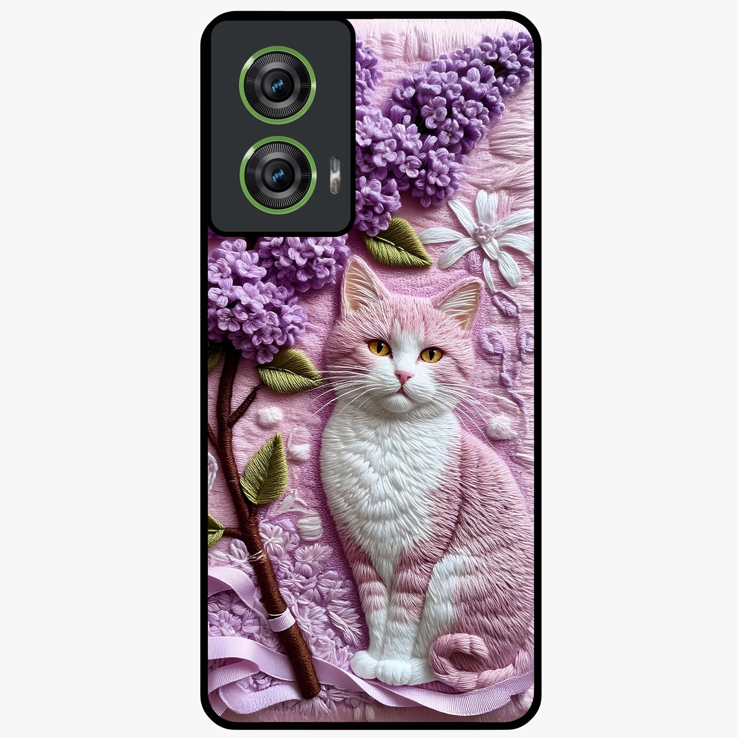 Lavender Cat Whimsy Glass Case showing flat back view with cute lavender cat artwork and glossy glass finish.