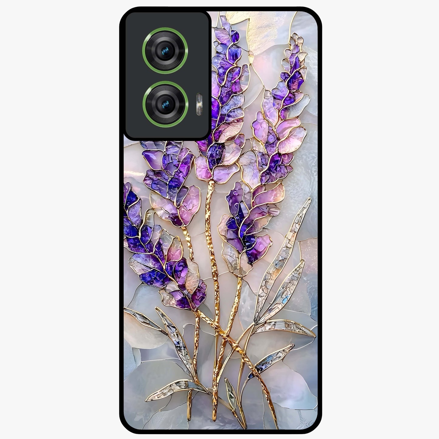 Lavender Dream Glow Glass Case showing flat back view with glowing lavender aesthetic artwork and glossy glass finish.