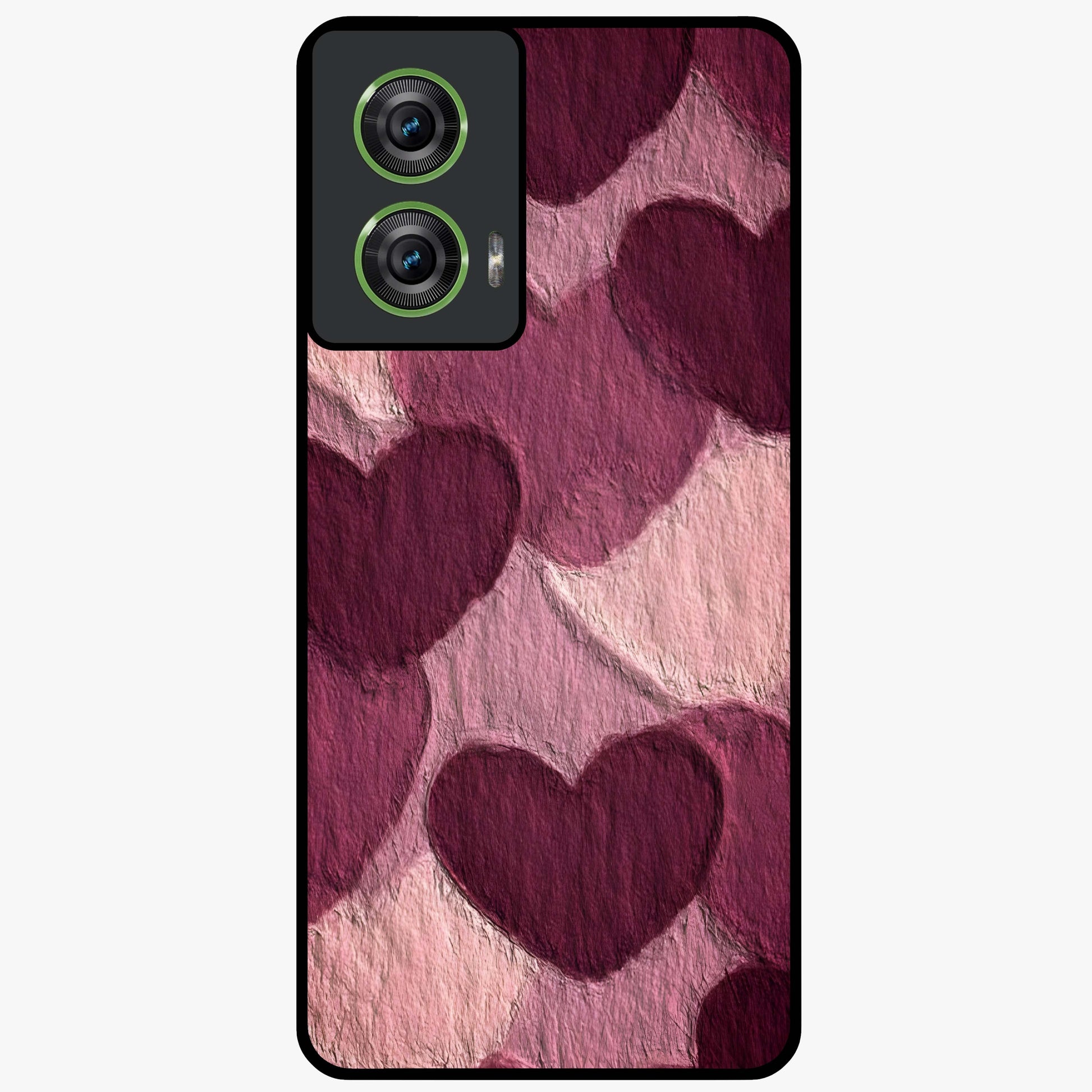 Layered Paper Hearts Glass Case showing flat back view with layered paper heart artwork and glossy glass finish.
