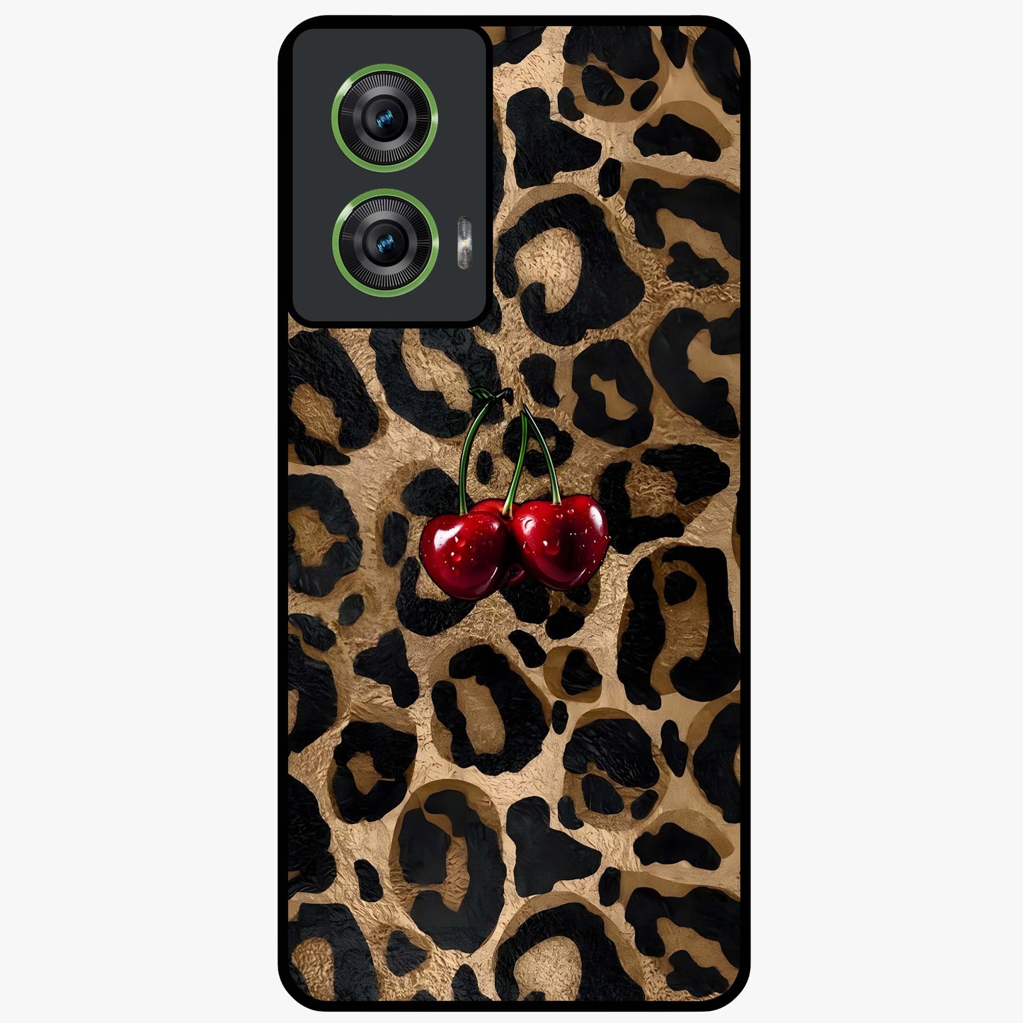 Leopard Wild Cherry Glass Case showing flat back view with leopard pattern and cherry artwork and glossy glass finish.