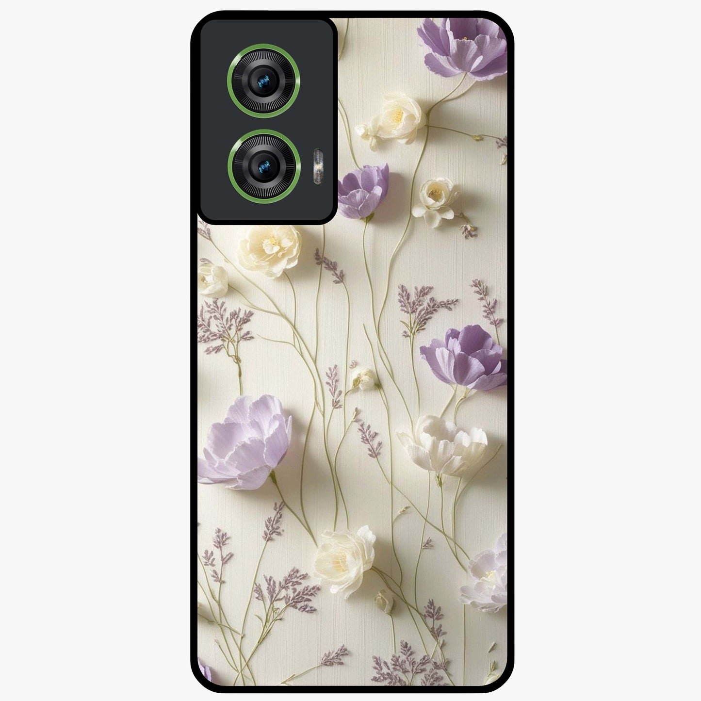 Lilac Breeze Harmony Glass Case showing flat back view with soft lilac themed artwork and glossy glass finish.