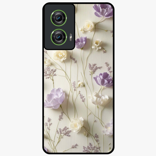 Lilac Breeze Harmony Glass Case showing flat back view with soft lilac themed artwork and glossy glass finish.