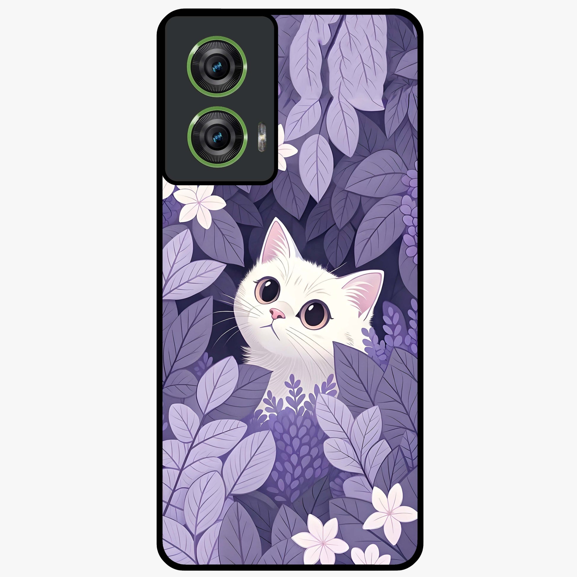 Lilac Hide Peek Cat Glass Case showing flat back view with cute peeking cat artwork and glossy glass finish.