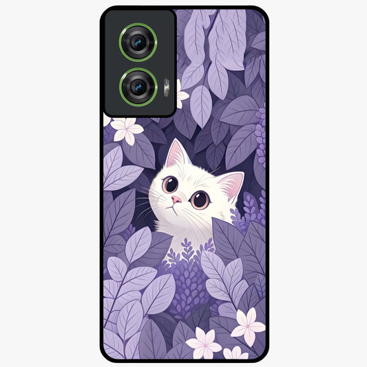 Lilac Hide Peek Cat Glass Case showing flat back view with cute peeking cat artwork and glossy glass finish.