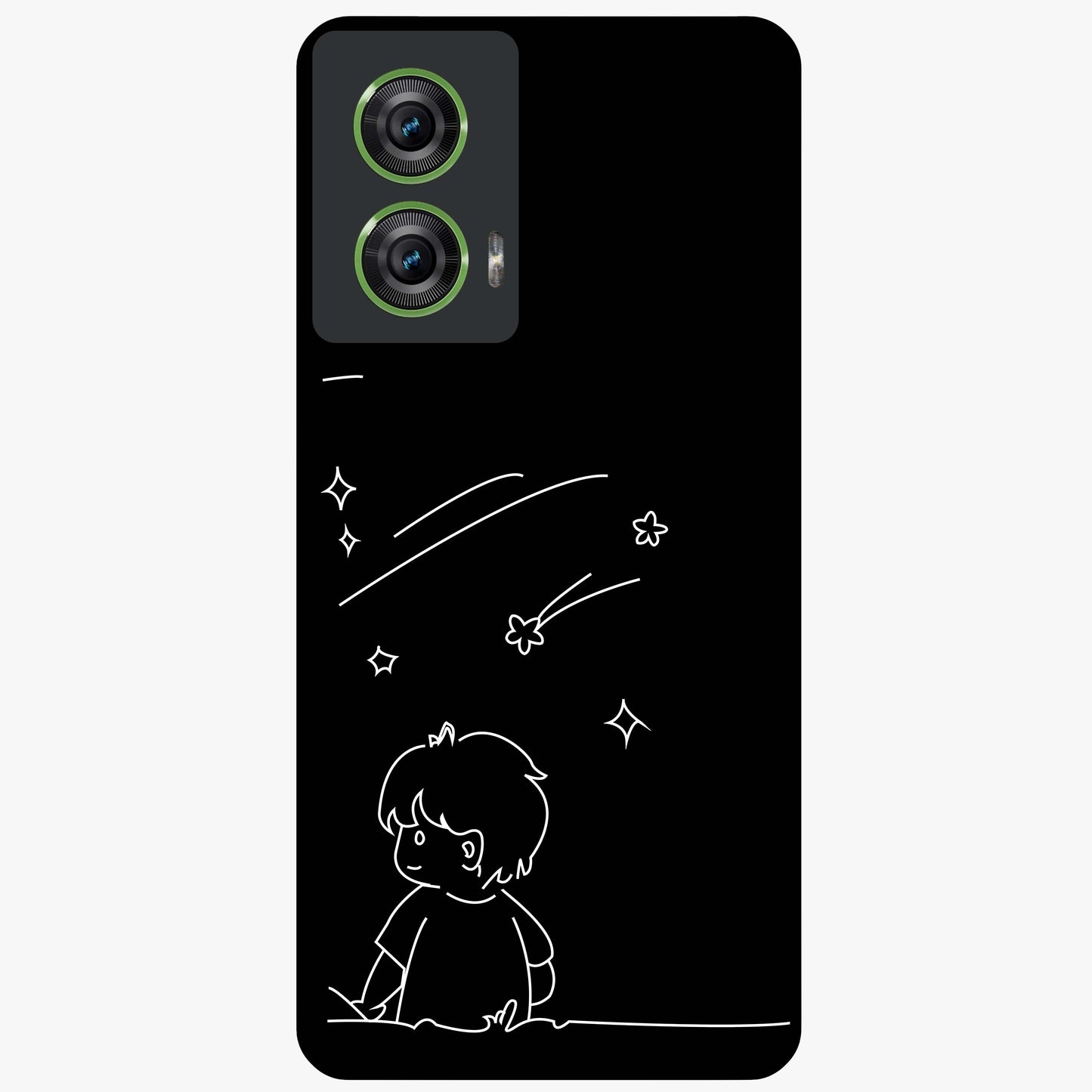 Line Art Boy With Shooting Stars Glass Case showing flat back view with minimal line art boy and shooting stars illustration and glossy glass finish.