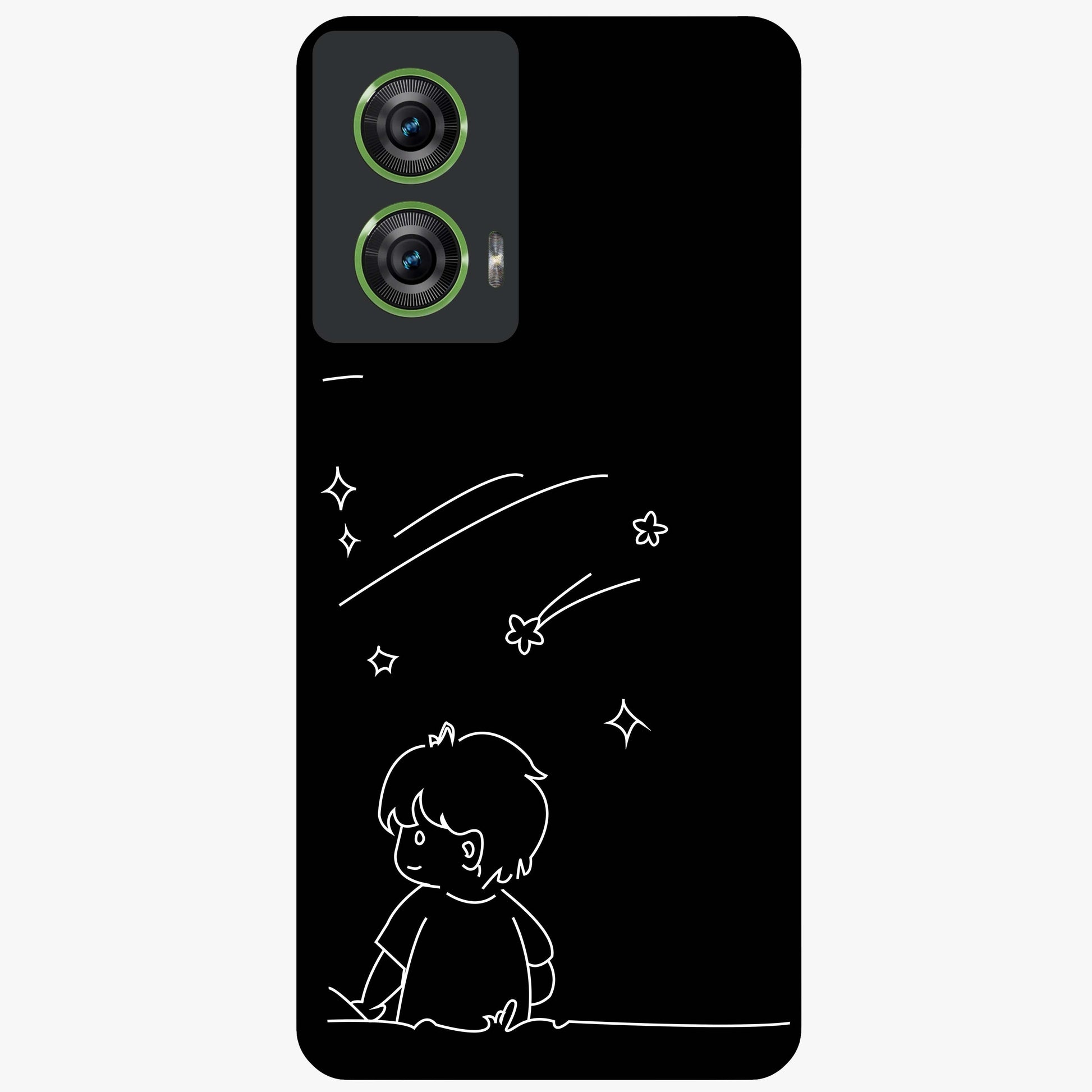 Line Art Boy With Shooting Stars Glass Case showing flat back view with minimal line art boy and shooting stars illustration and glossy glass finish.