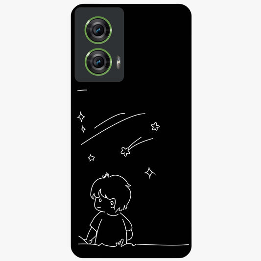 Line Art Boy With Shooting Stars Glass Case showing flat back view with minimal line art boy and shooting stars illustration and glossy glass finish.
