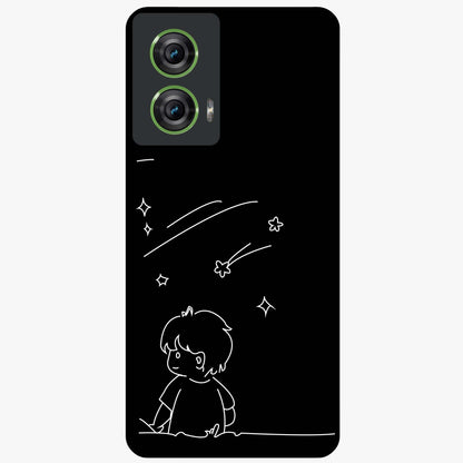 Line Art Boy With Shooting Stars Glass Case showing flat back view with minimal line art boy and shooting stars illustration and glossy glass finish.