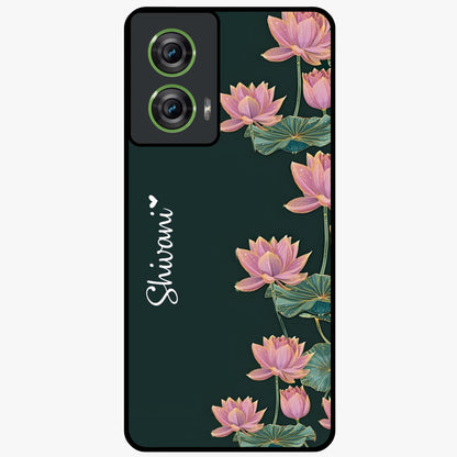 Lotus Bloom Serenity Custom Name Glass Case showing flat back view with elegant lotus flower artwork and personalized name design.