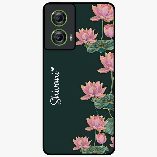 Lotus Bloom Serenity Custom Name Glass Case showing flat back view with elegant lotus flower artwork and personalized name design.