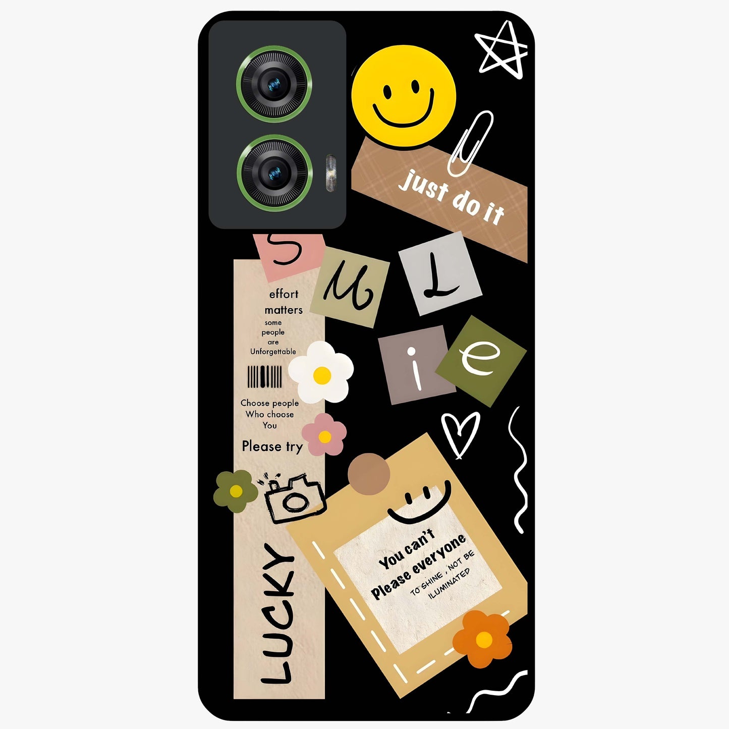 Lucky Aesthetic Collage Glass Case showing flat back view with trendy aesthetic collage artwork and glossy glass finish.