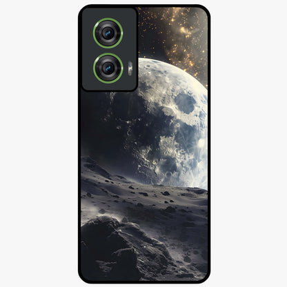 Lunar Horizon Glow Glass Case showing flat back view with glowing moon horizon artwork and glossy glass finish.